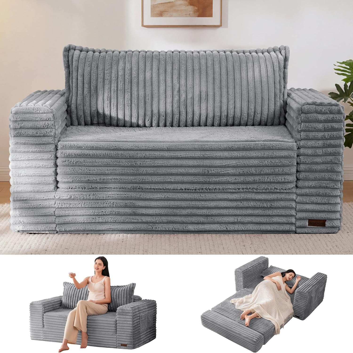MAXYOYO Convertible Sofa Bed, 2 in 1 Folding Couch Bed for Small Space, Pull Out Loveseat Sofa Couch with Large Back Pillow, Plush Faux Fabric Lounge Couch for Living Room, Apartment, Grey