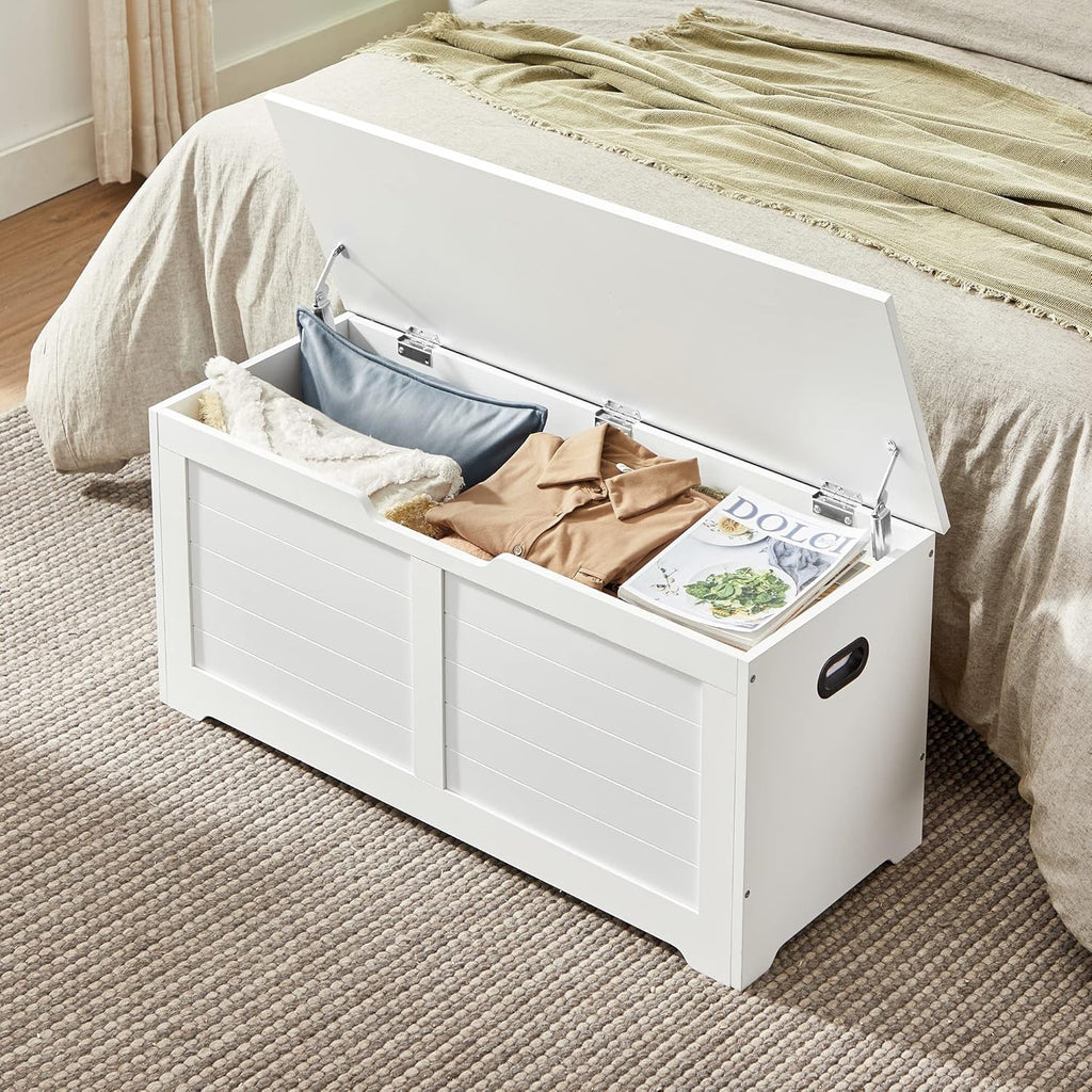 VASAGLE Storage Chest, Storage Bench with 2 Safety Hinges, Farmhouse Style, 15.7 x 39.4 x 18.3 Inches, for Entryway, Bedroom, Living Room, Cloud White ULSB061T10