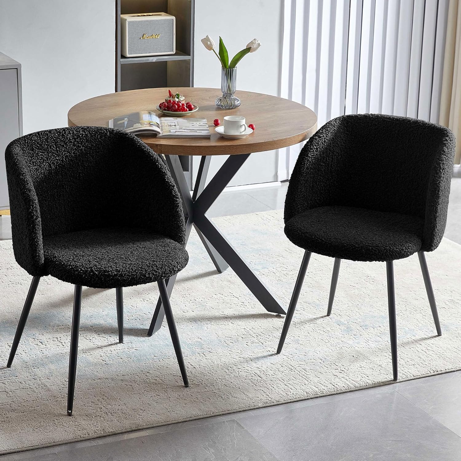NORDICANA 3 Piece Dining Table and Chair Set, 37-Inch Engineered Wood Round Table Set with Black Fuzzy Sherpa Armchairs, Metal Leg for Small Spaces