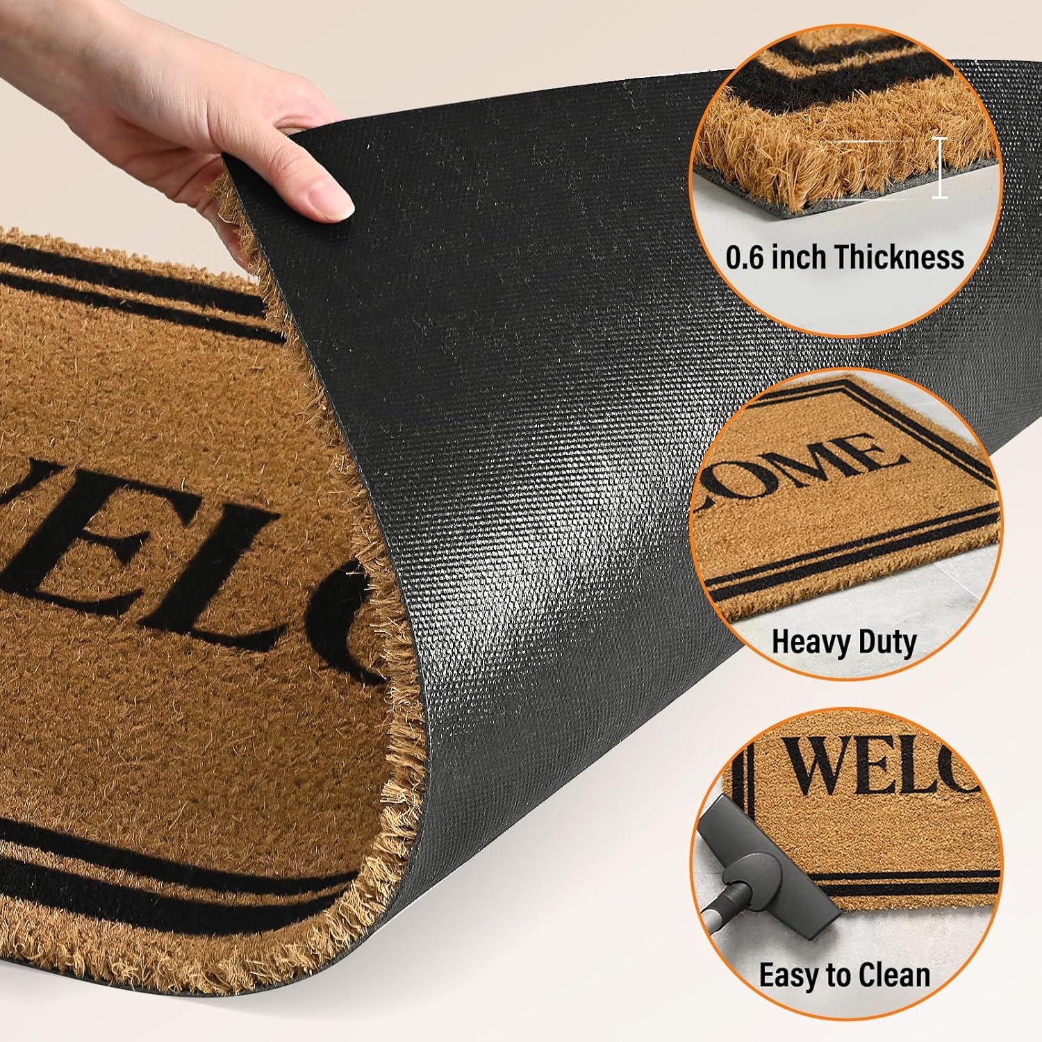 Kelarea Coco Coir Welcome Door Mat with Heavy Duty Backing, 17" x 30" Non-Slip, Easy Clean Mat for Front Door, Entrance, Porch, Indoor/Outdoor