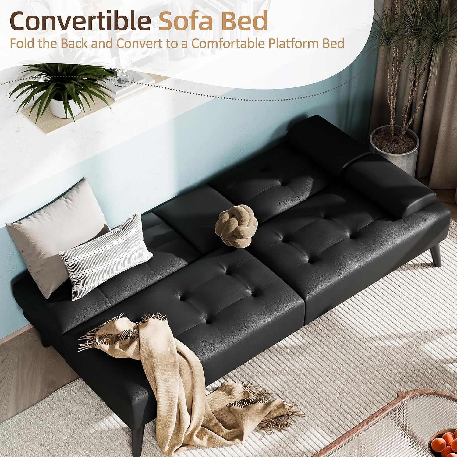 Shintenchi Futon Sofa Bed, Leather Foldable Futon Couch, Reclining Sleeper with Removable Armrests, Upholstered Loveseat Sofa Couch with Folding Cup Holders for Home, Office(Black)