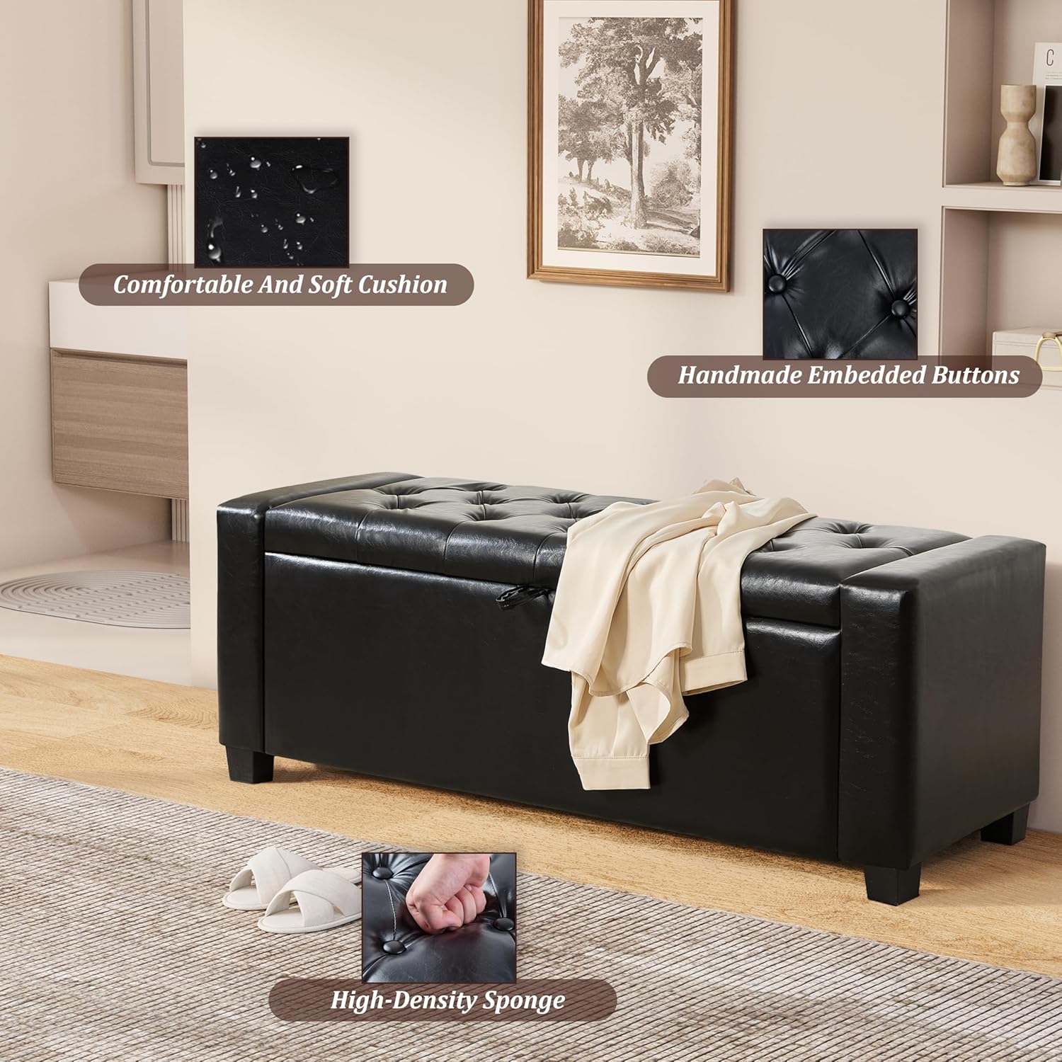 Royal Windsor Ottoman with Storage,Tufted Storage Bench with Safety Hinge,Holds up to 350 lb,Upholstered Bench with Seating for Bedroom, Living Room,Entryway,Leather Black