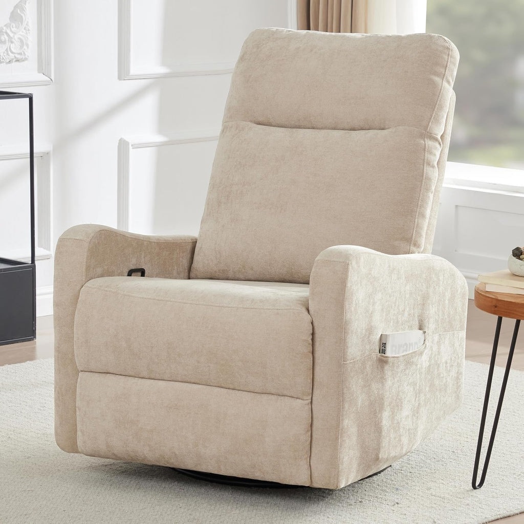 Oversized Swivel Rocking Recliner Chair, Faux Leather Manual Glider Rocker with Side Pockets, 23" Wide Seat Comfy Accent Chair for Nursery, Living Room, Bedroom, RV, Beige