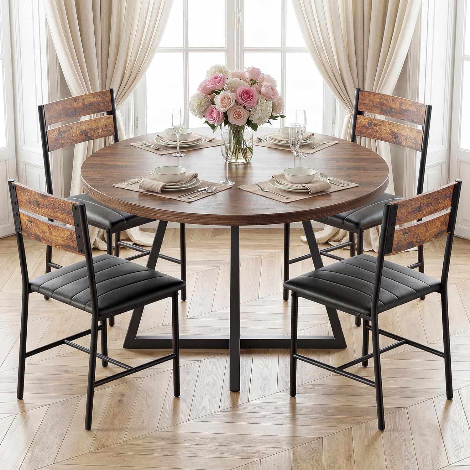 IRONCK Upholstered Dining Chairs Set of 4, Modern Dining Room Chairs with Ergonomic Backrest, MDF Board and Metal Frame, Kitchen Chairs for Dining, Kitchen and Living Room, Rustic Brown