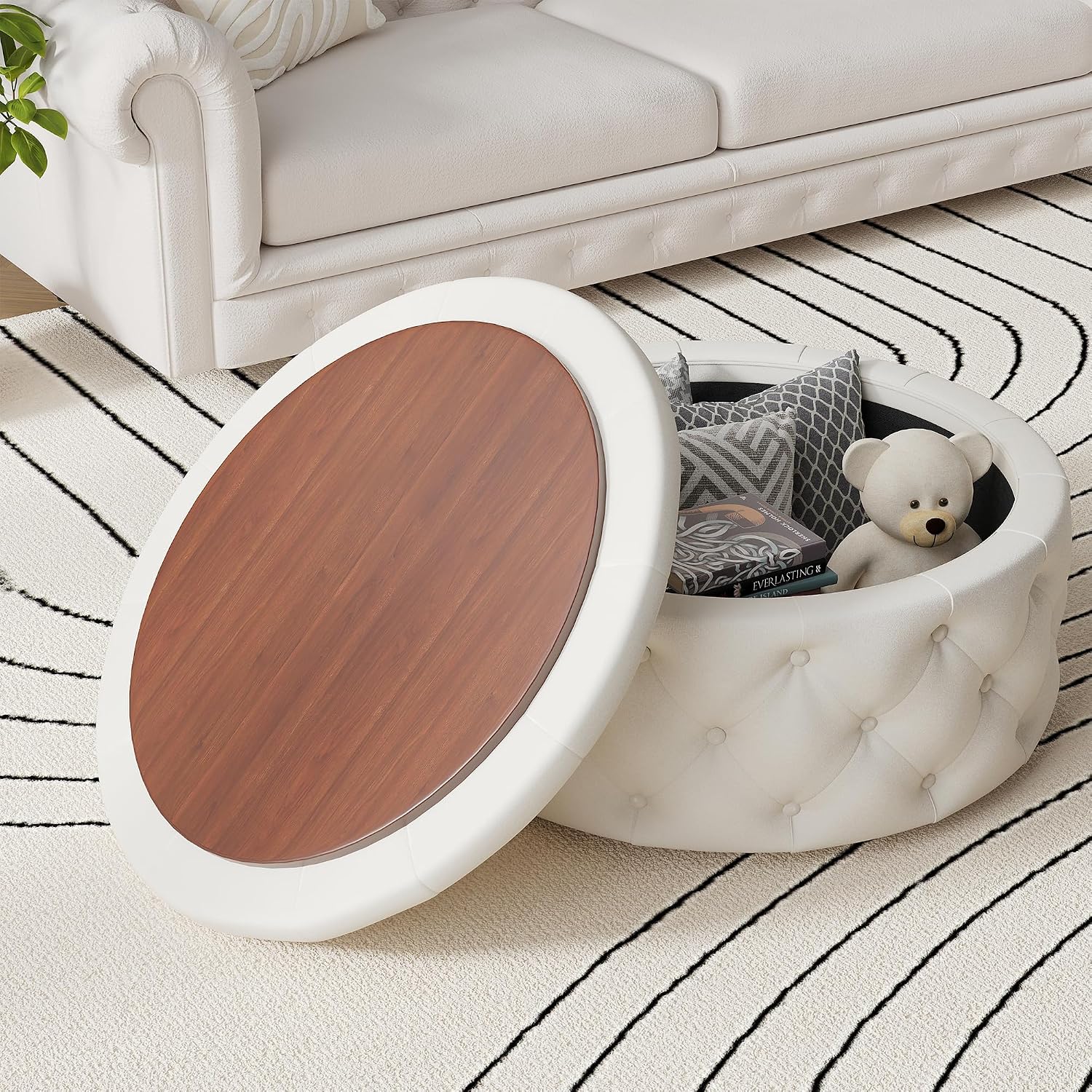 FiveWillowise 30 Inch Round Storage Ottoman, Large Circle Coffee Table with Storage Tray, Modern Button Footstool with Removable Lid,Cozy Foot Stools for Living Room, Bedroom, Makeup Room,Cream White