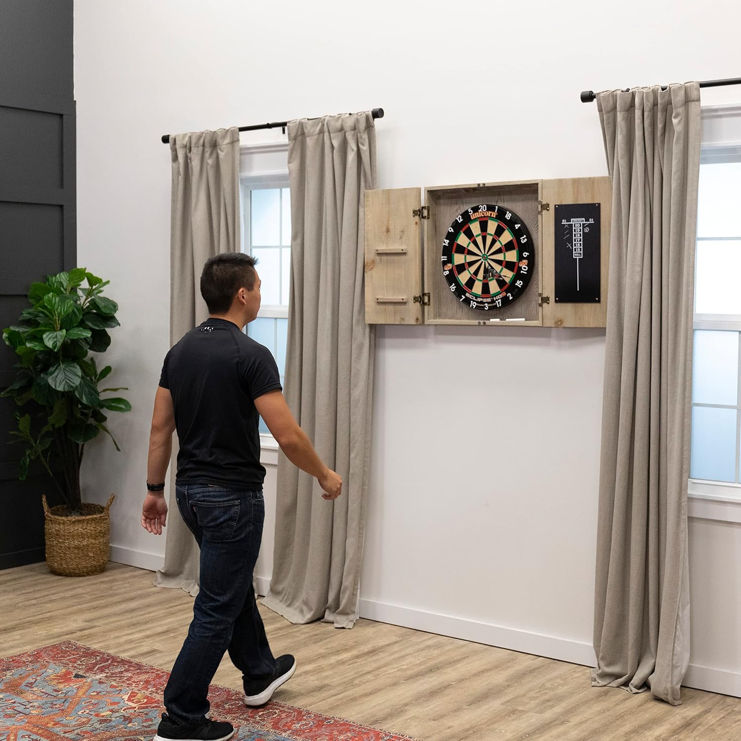 American Legend Barnwood Dartboard Cabinet with Wheat Finished Barn Style Doors - Dartboard Not Included