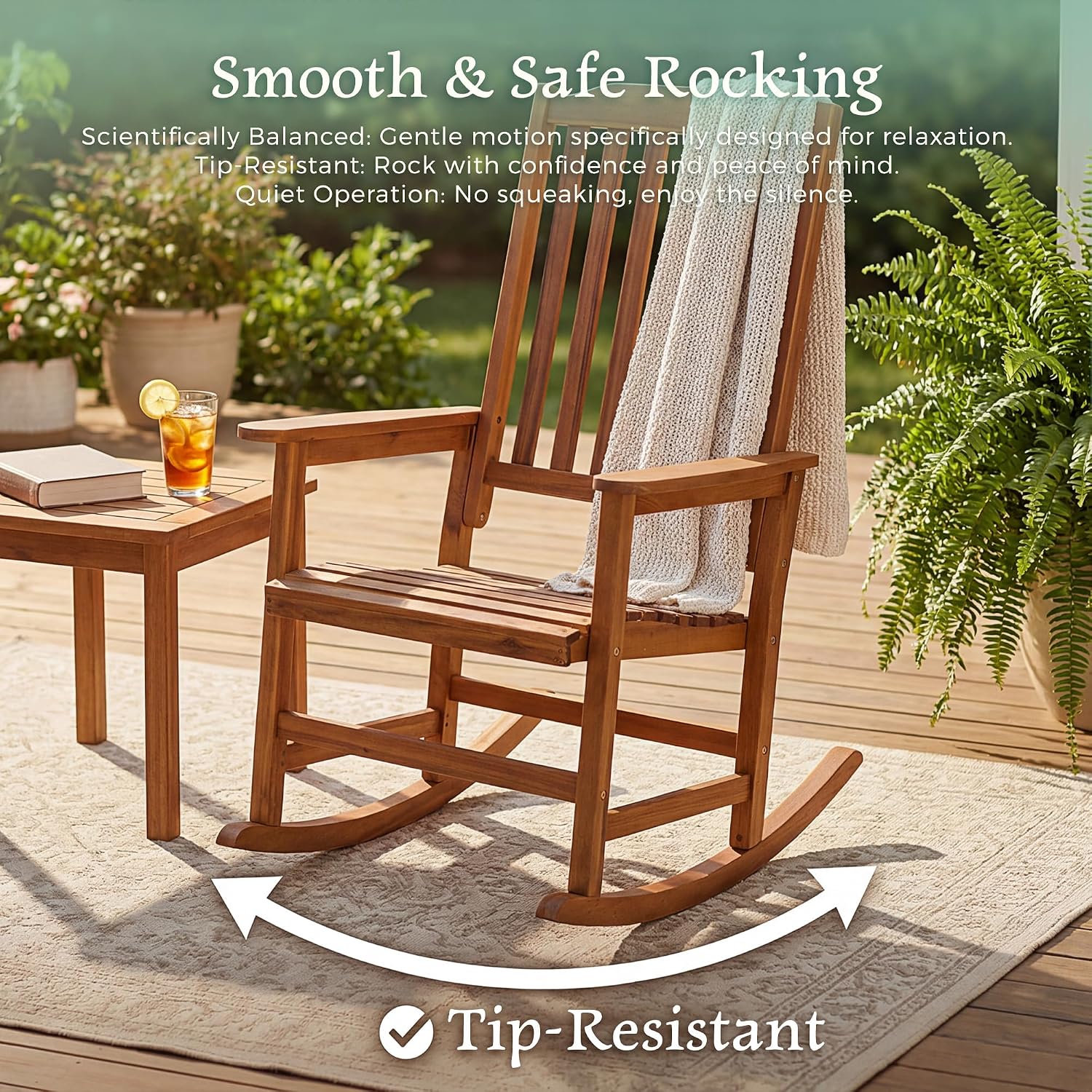Devoko Outdoor Rocking Chair Acacia Wood Porch Rocking Chairs, Outdoor Chairs with Widened Armrest for Porch, Poolside, Balcony and Yard, Natural (2-Piece Chairs Set)