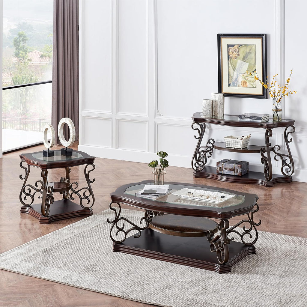 SSLine Vintage Wood Console Table Elegant Curved Rectangle Entryway Table with Tempered Glass Top & Marble Shelf Traditional 3-Tier Hallway Tables for Living Room Entrance(Dark Brown)