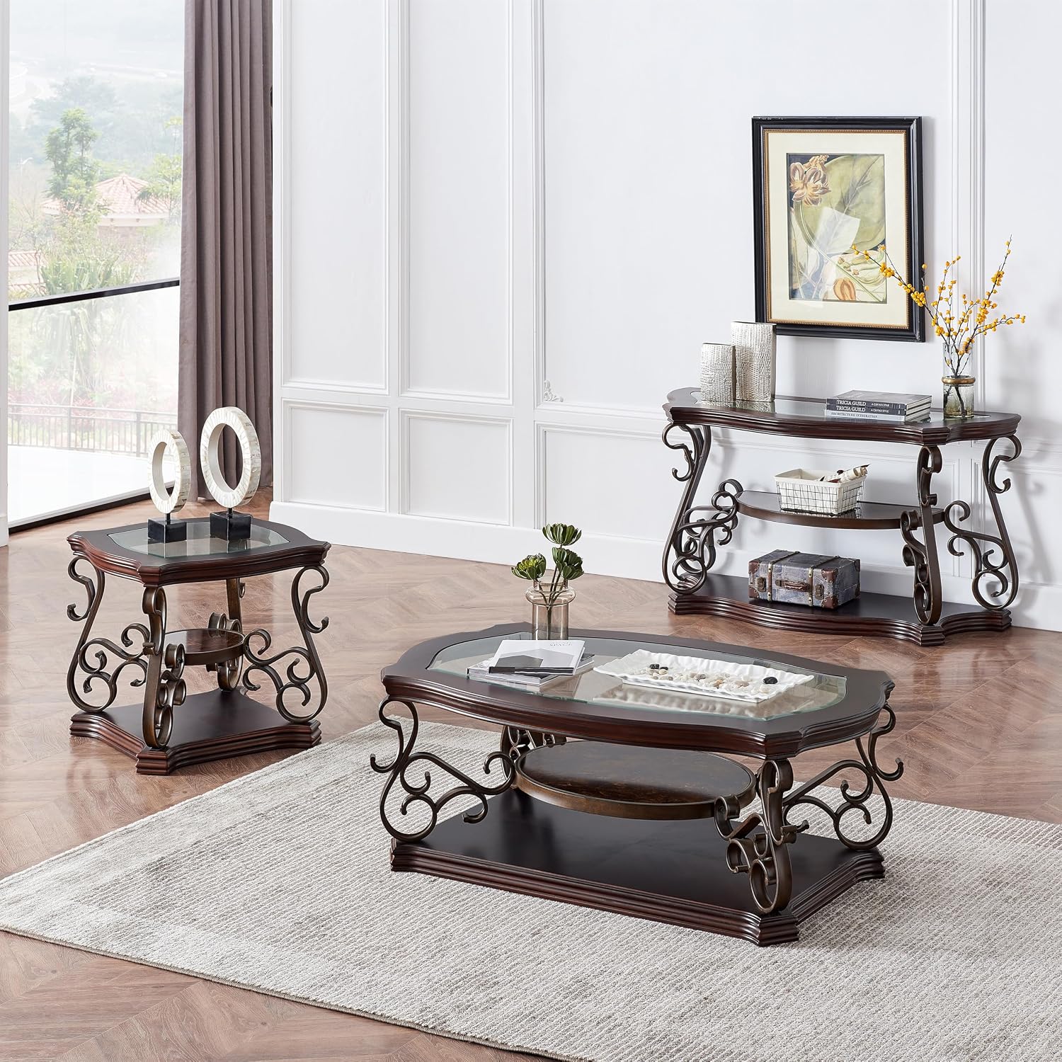 SSLine Vintage Wood Console Table Elegant Curved Rectangle Entryway Table with Tempered Glass Top & Marble Shelf Traditional 3-Tier Hallway Tables for Living Room Entrance(Dark Brown)