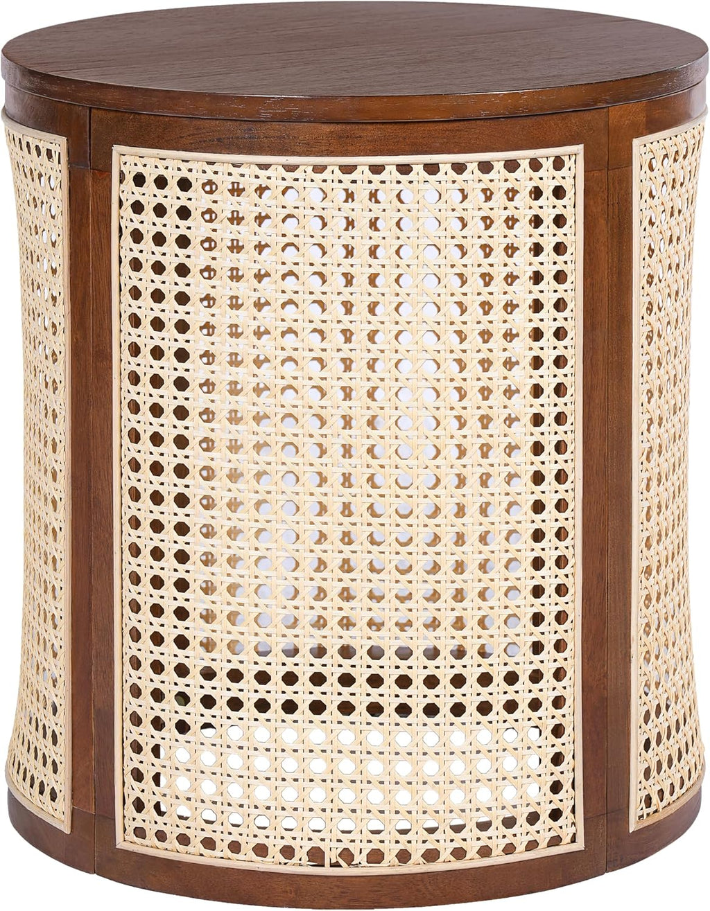 Round Side Table with Rattan Weave Panels, Dark Brown Rubber Solid Wood, 15.7" x 17.8", Boho Style