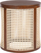 Round Side Table with Rattan Weave Panels, Dark Brown Rubber Solid Wood, 15.7" x 17.8", Boho Style
