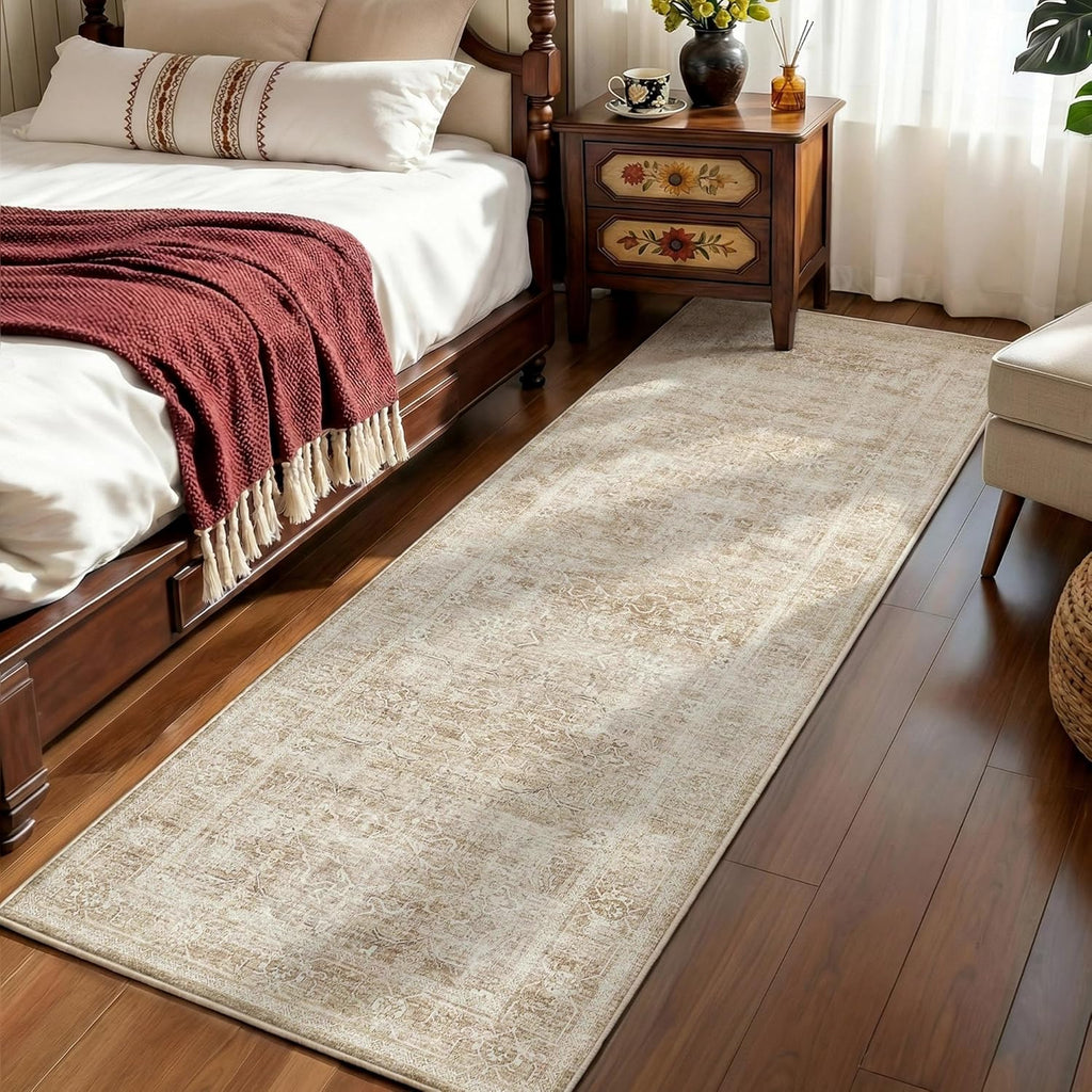 Beauoop 2x6 Hallway Runner Rug Beige Washable Vintage Distressed Neutral Retro Carpet Non Slip Soft Cream Low Pile Indoor Rug for Entryway Kitchen Bedroom Bathroom Laundry Bedside Entrance Living Room