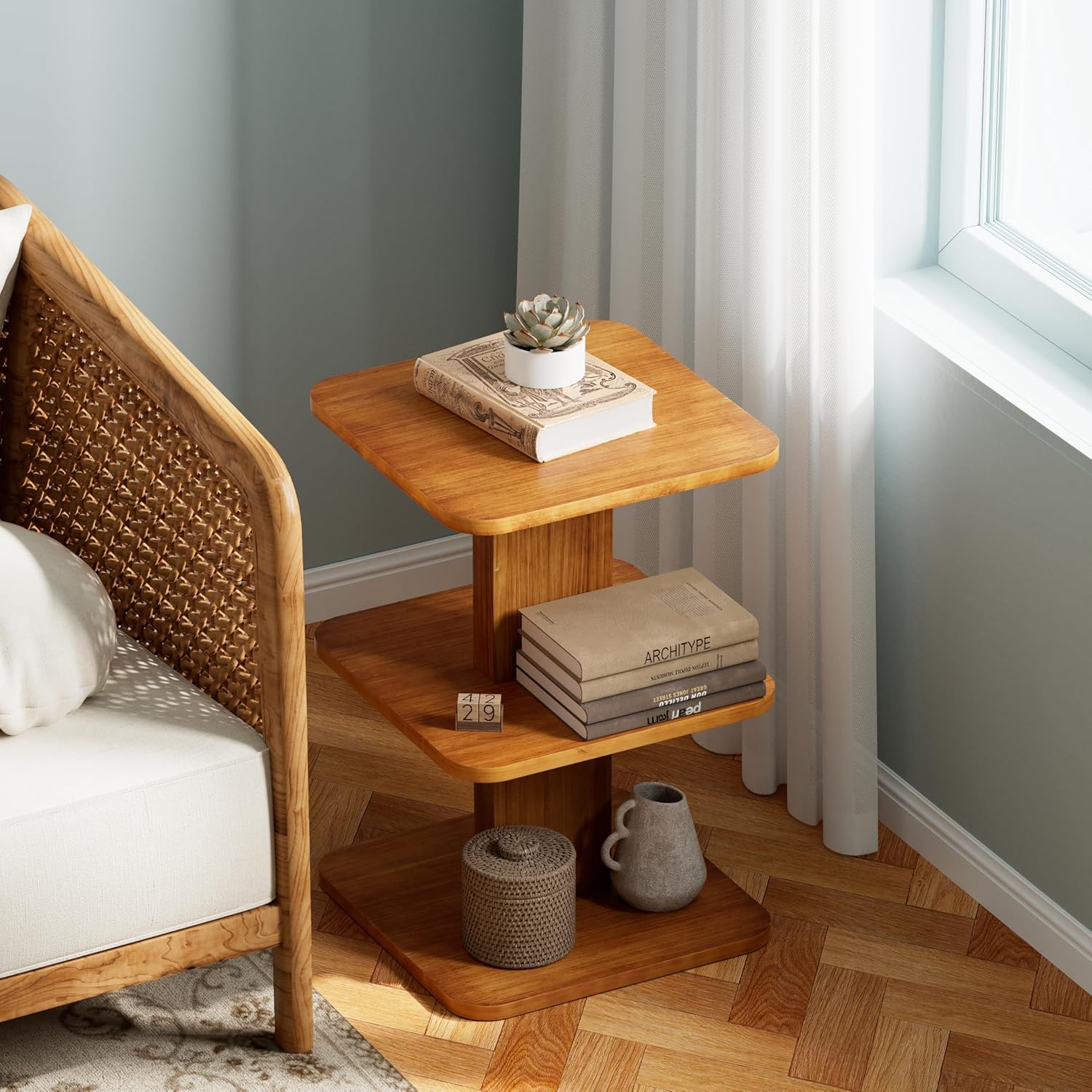 COZAYH Modern Minimalist Wood End Table with 3 Open Shelves, Farmhouse Plant Stand, Small Bookshelf for Living Room, Bedroom