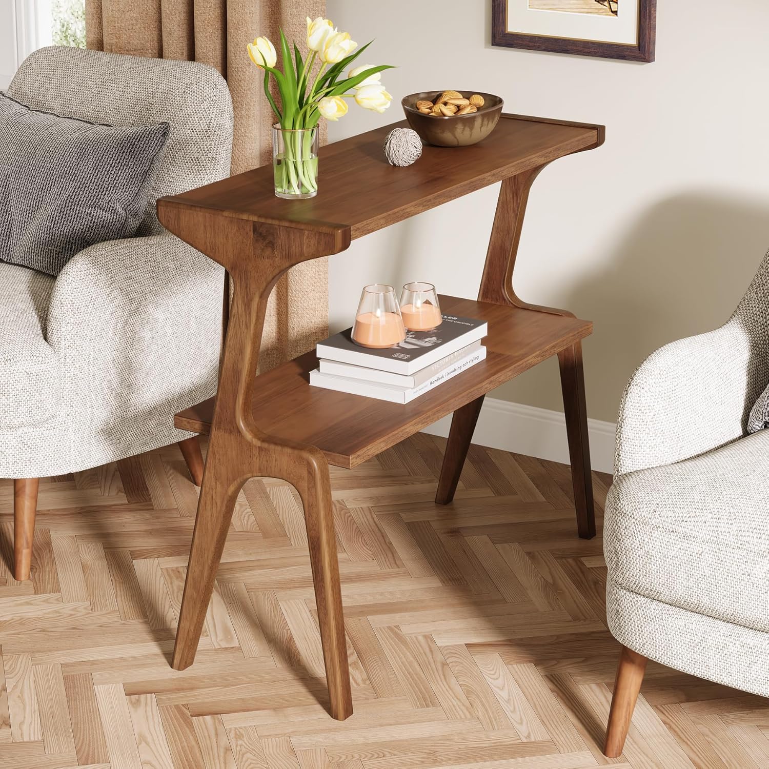 Tribesigns Solid Wood End Table, 2-Tier Farmhouse Side Table with Storage Shelves, Slim Side Table for Couch with Unique Legs, Long Bedside Table for Bedroom, Living Room, Rustic Brown