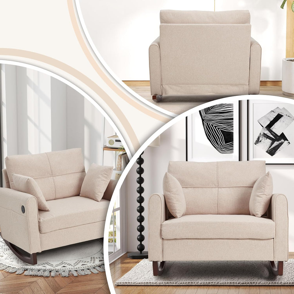 HOMREST Oversized Nursery Rocking Chair with USB Port, Wide Nursery Rocker with High Back and Side Pocket, Upholstered Double Rocker for Living Room, Bedroom, Nursery, Beige