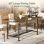 63-Inch Solid Wood Dining Table for 4-6, Industrial Large Kitchen Table with Metal Footrest, Rectangular Wooden Dinner Tables with Sturdy Metal Frame for Dining Room, Rustic Brown