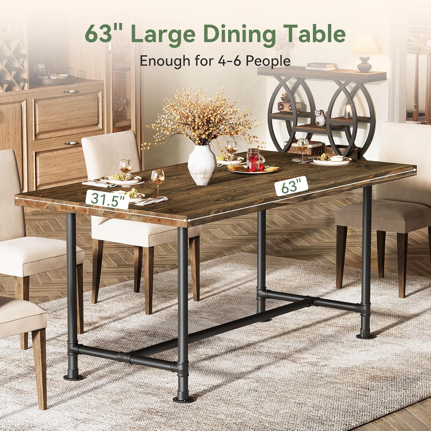 63-Inch Solid Wood Dining Table for 4-6, Industrial Large Kitchen Table with Metal Footrest, Rectangular Wooden Dinner Tables with Sturdy Metal Frame for Dining Room, Rustic Brown