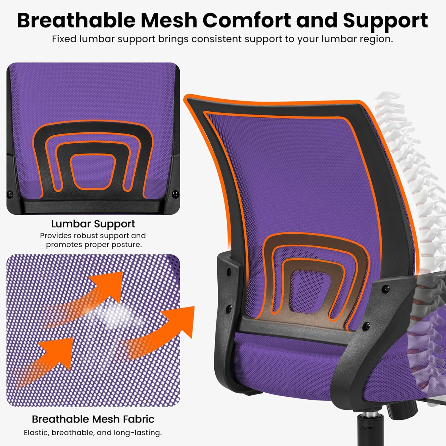 Topeakmart Executive Office Desk Chair Ergonomic Mesh Back Office Chair Adjustable Work Chair with Lumbar Support and Swivel Rolling Wheels for Home Office Conferecne Roon and Study, Purple