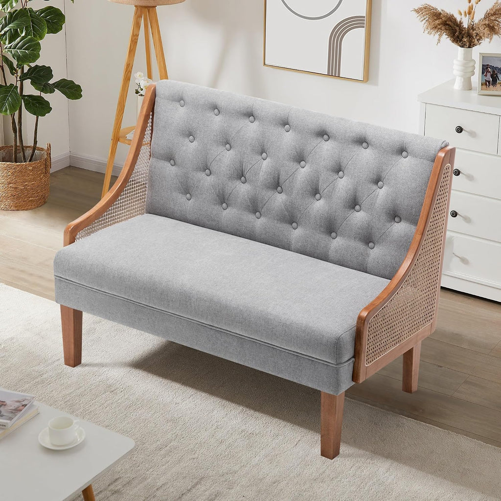 Upholstered Settee Bench Small Loveseat Sofa Rattan Dining Bench with Back Banquette Seating for Kitchen Dining Room Living Room Button Tufted Mini Couch Grey
