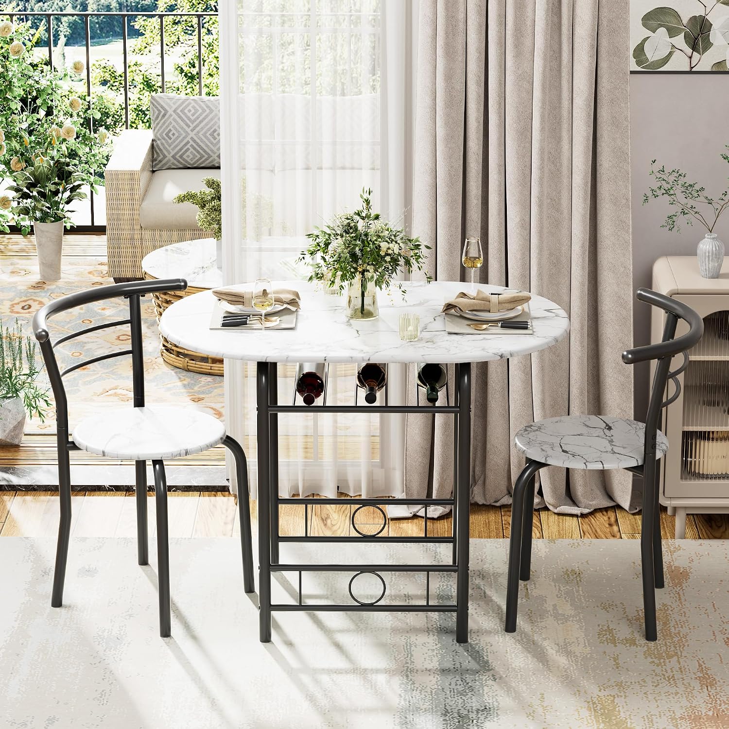 Flamaker Dining Table for 2, 3 Piece Round Table & Chair Set, Small Kitchen Table for Breakfast Nook, Wood Grain Tabletop & Built-in Storage Rack, Space Saving for Kitchen, Dining Room (White & Black)