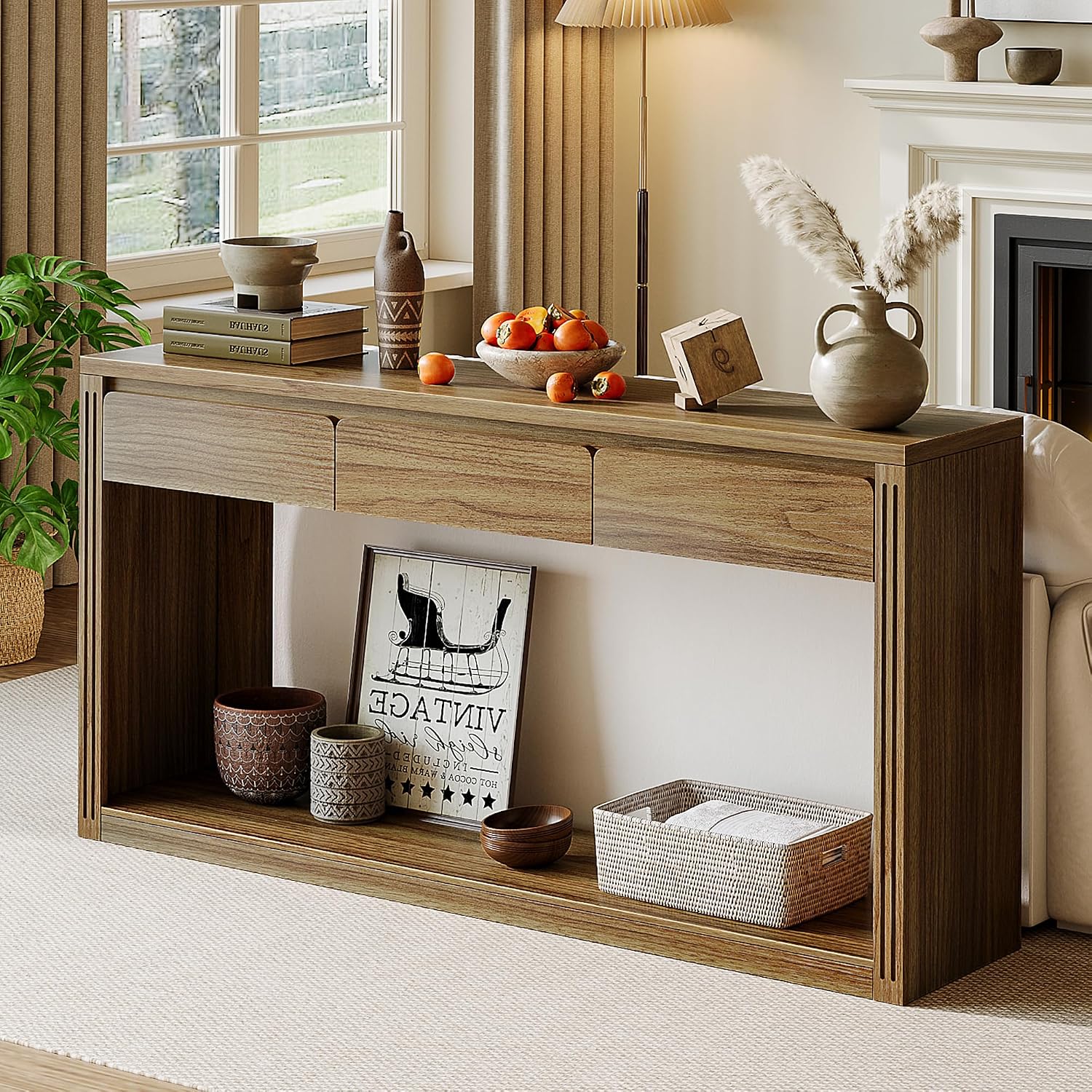 Treocho 63.9" Farmhouse Console Tables for Entryway, Long Sofa Table with Drawers, Narrow Behind Couch Table for Living Room, Hallway, and Entrance, Light Walnut