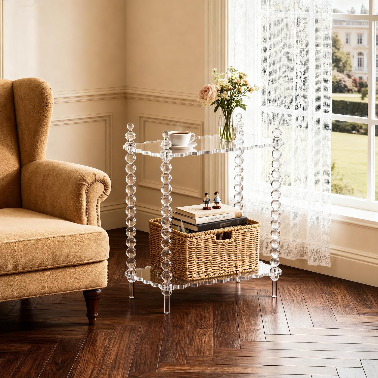 Acrylic Side Table 2-Tier, Clear Nightstand with Storage, Narrow Bedside End Table for Small Spaces (Clear, 20.7"×10.4“×25.9”)