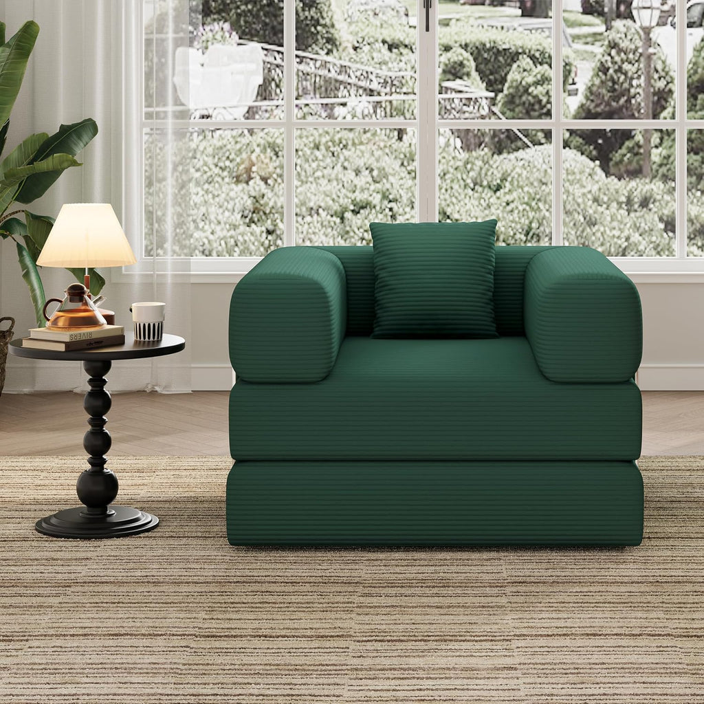 Single Couch Sofa for Small Spaces 2 in 1 Convertible Sofa to Lounger Comfy Bean Bag Chair for Adults with Removable Cover with Pillows for Bedroom, Apartment, Office (Green, 35.43" Single Sofa)