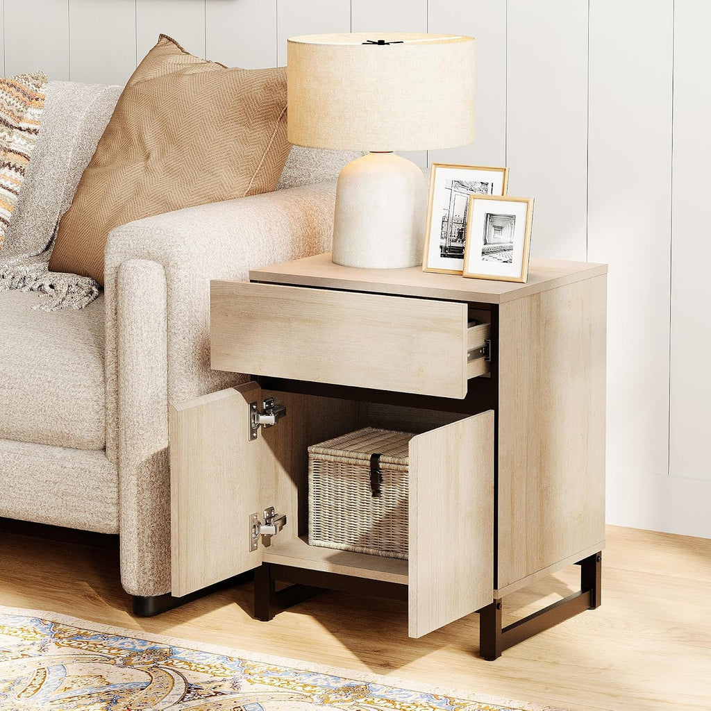 WAMPAT 2 Pack Modern End Table with 1 Drawer & 1 Storage Cabinet, Farmhouse Sofa Table with 2 Open Door, Wood Rustic Side End Table for Living Room, Nighstand for Bedroom, Light Oak