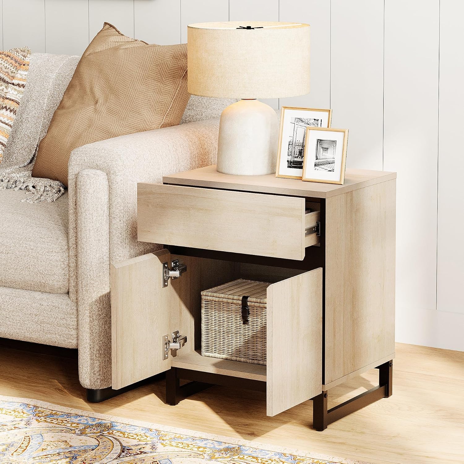WAMPAT 2 Pack Nightstand with 1 Drawer and 1 Storage Cabinet, Modern Bedside Table with 2 Open Door for Bedroom, Wood Rustic Side End Table for Living Room, Light Oak