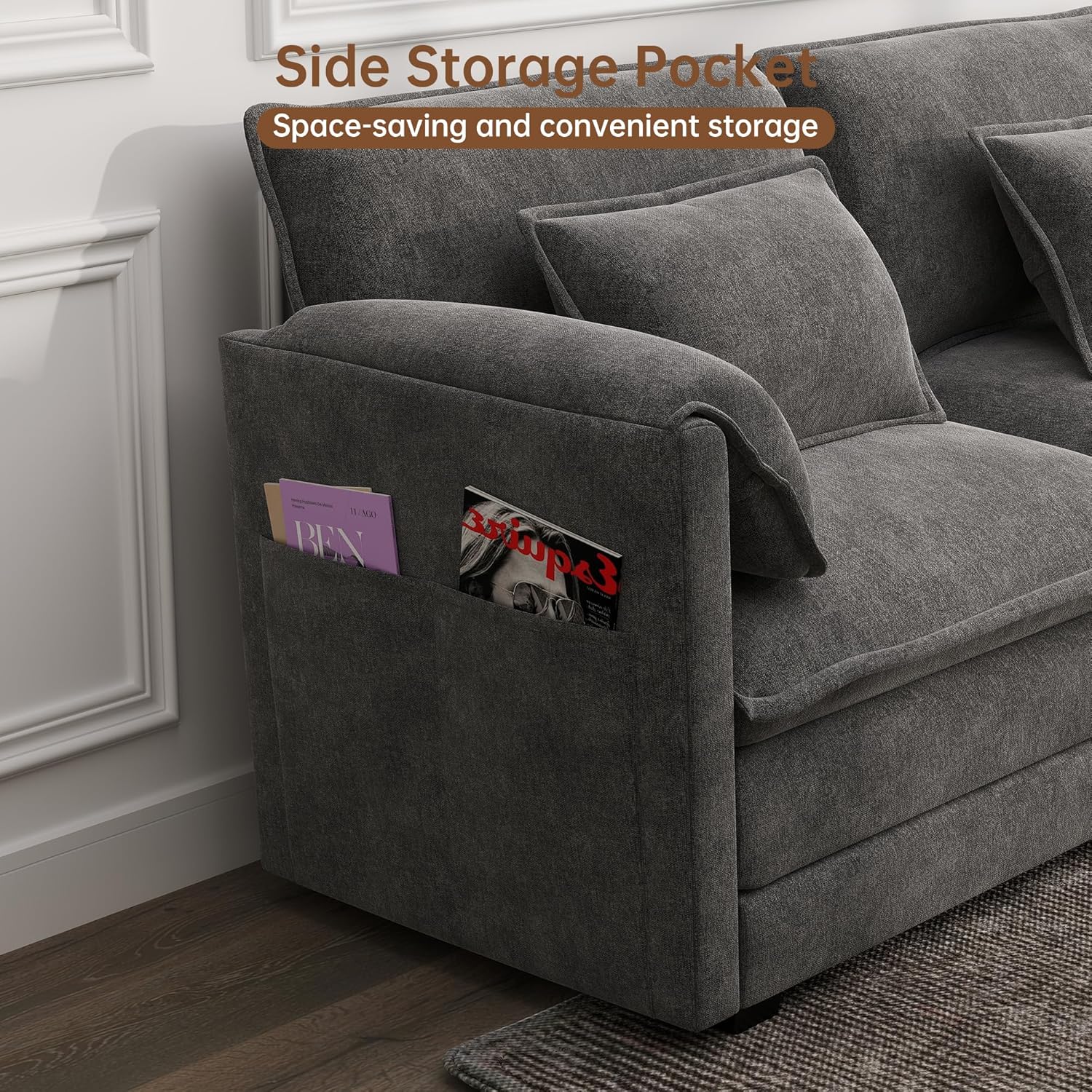 Modular Sectional Sofa, 111'' U Shaped Couch, Chenille Sofa with Movable Ottoman for Apartments, Living Room and Commercial Space, Dark Gray