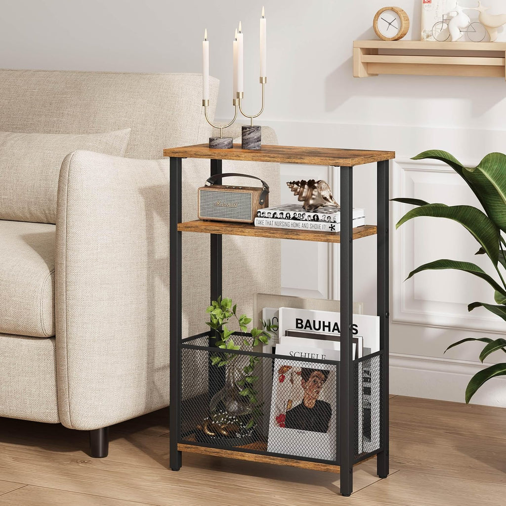 MMEOLUOOK Narrow Side Table with Storage Basket Skinny End Tables for Smalls Spaces 3 Tier Sofa Table Small Nightstand Slim Bedside Table for Living Room Bedroom Rustic Brown MLBZ22RB