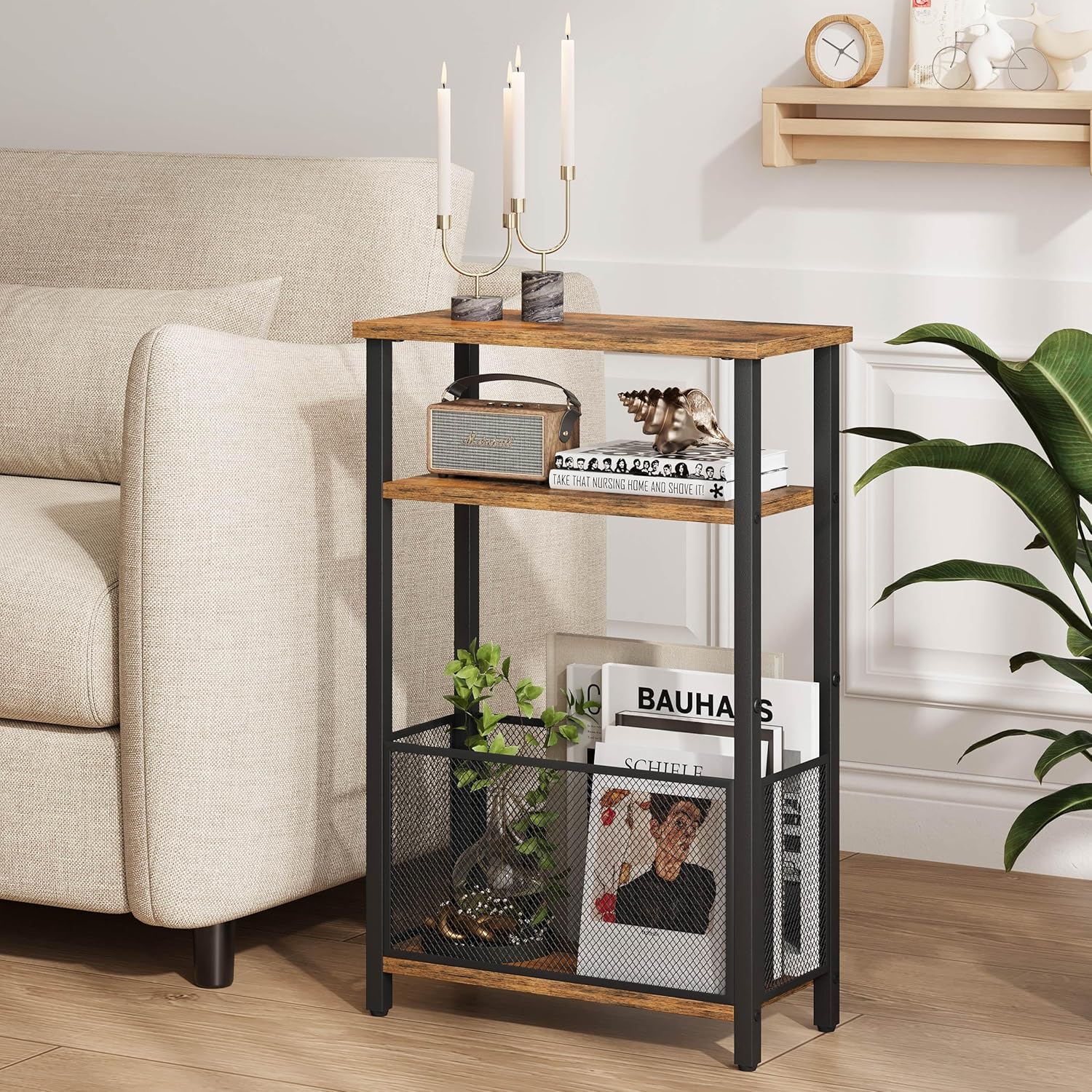 MMEOLUOOK Narrow Side Table with Storage Basket Skinny End Tables for Smalls Spaces 3 Tier Sofa Table Small Nightstand Slim Bedside Table for Living Room Bedroom Rustic Brown MLBZ22RB