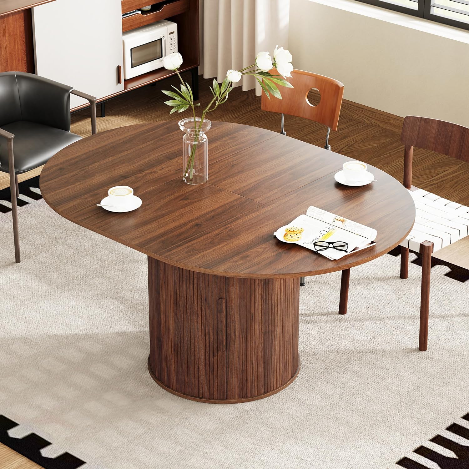 weselon 43"-59" Extendable Round to Oval Dining Table with Hidden Storage, Modern Wooden Kitchen Table with Fluted Sliding Door Cabinet, Expandable Dinner Table for Dining Room Living Room (Walnut)