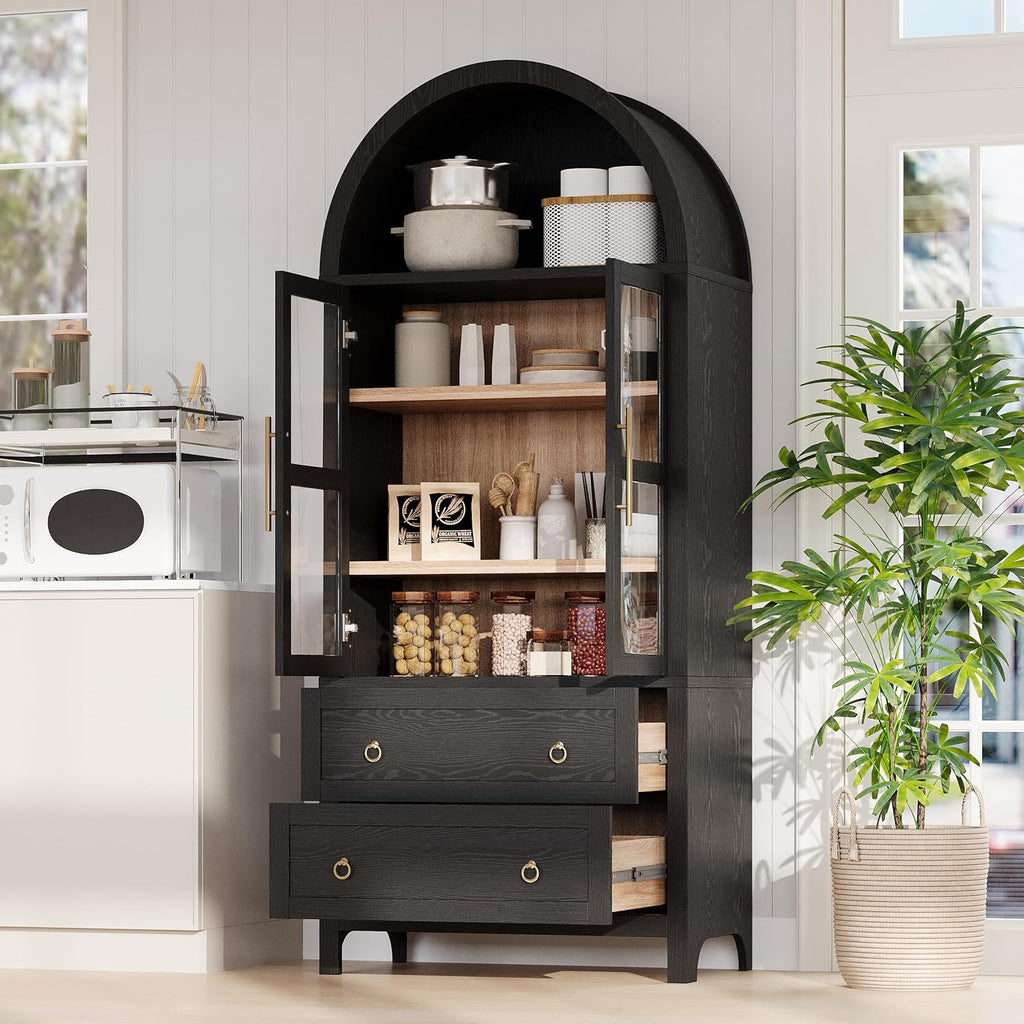 Modern Tall Arched Kitchen Pantry Cabinet with 2 Drawers, Wood Storage Cabinet Cupboard with Adjustable Shelves and Glass Door for Kitchens, Dining Room (Black)