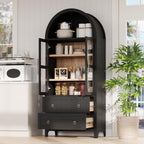 Modern Tall Arched Kitchen Pantry Cabinet with 2 Drawers, Wood Storage Cabinet Cupboard with Adjustable Shelves and Glass Door for Kitchens, Dining Room (Black)
