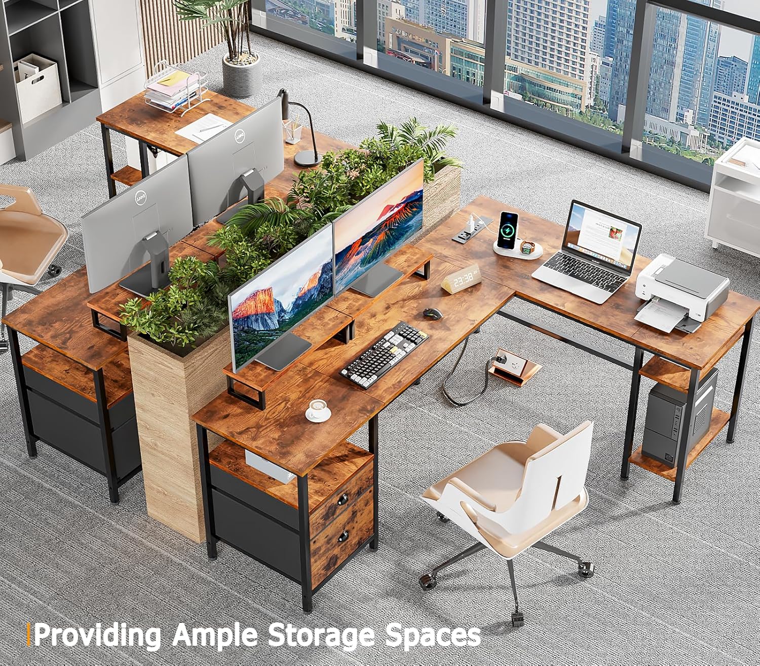 Furologee 66” L Shaped Desk with Power Outlet, Reversible Home Office Desk with File Drawer, 2 Monitor Stands, Storage Shelves, Corner Computer Table for Gaming, Writing, Rustic Brown