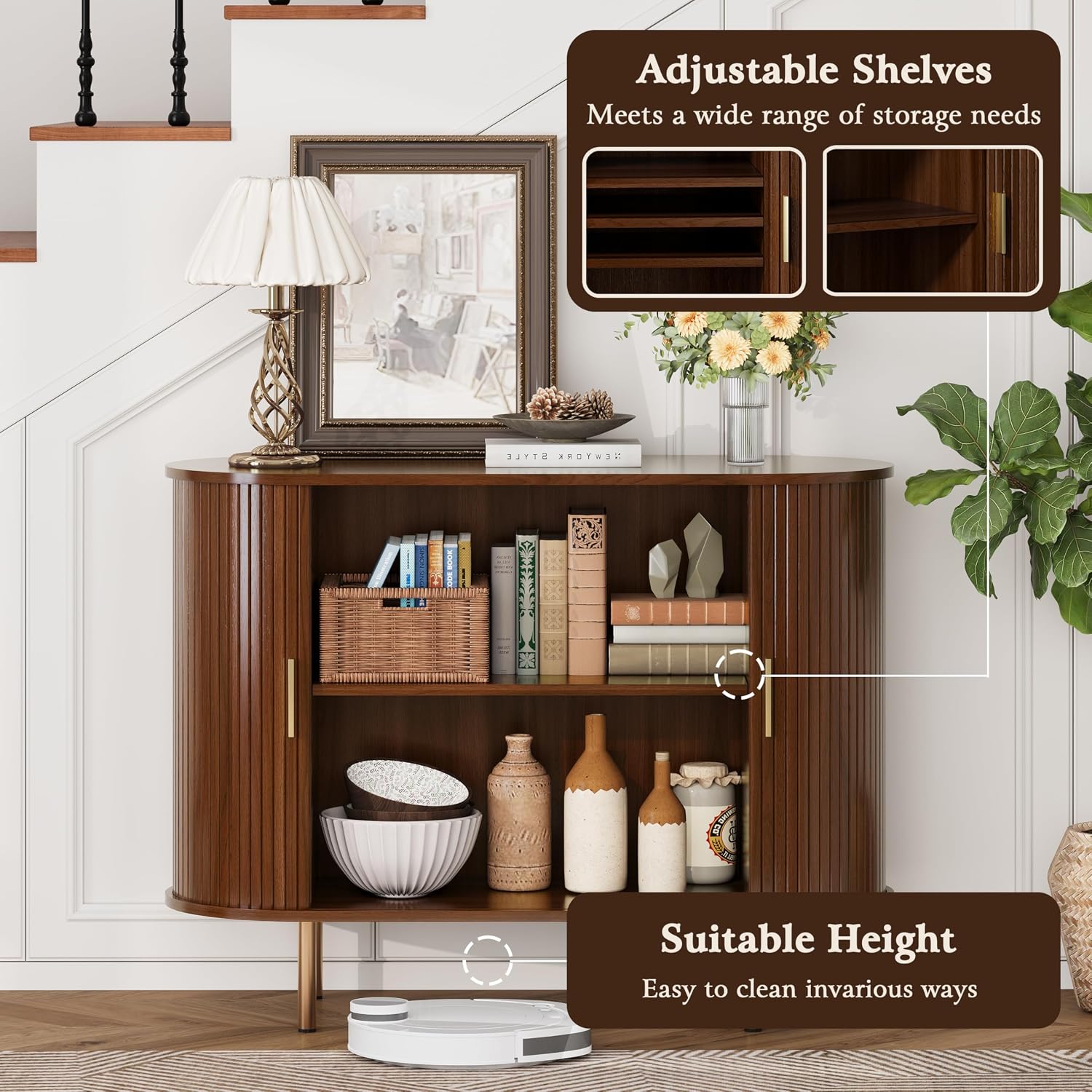 DHH Sideboard Buffet Cabinet with Storage,Mid Century Modern Fluted Accent Coffee Bar Console Table,Tambour Sliding Doors& Adjustable Shelf for Kitchen, Living Room, Entryway(Walnut, 40Inch)