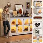 63 Inch Sideboard Buffet Cabinet,Modern Arched Buffet with Led Lights and Glass Doors,Kitchen Buffet Cabinet with Storage Large Curved Cabinets w/Adjustable Shelves for Living Room,Kitchen,White