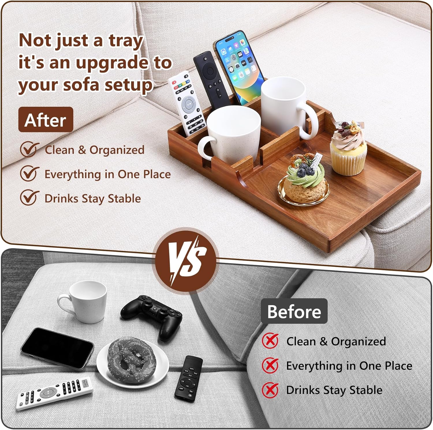 Couch Insert Tray for Middle Seat, Acacia Wood Couch Table with 2 Cup Holders, Fits Armless Sofa & Sectionals, Fold-Flat Tray for Drinks, Snacks & Remotes