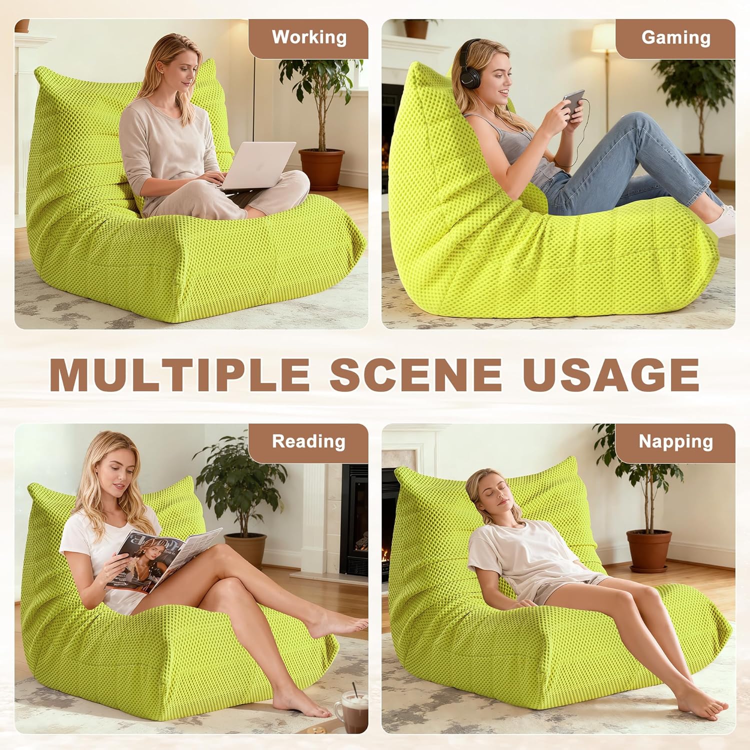 Bean Bag Chair for Adults - Large Bean Bag with Lumbar Pillow, Oversized Airpore Boneless Chair with High-Rebound Memory Foam, Lazy Floor Sofa for Reading, Gaming, Living Room, Bedroom, Green
