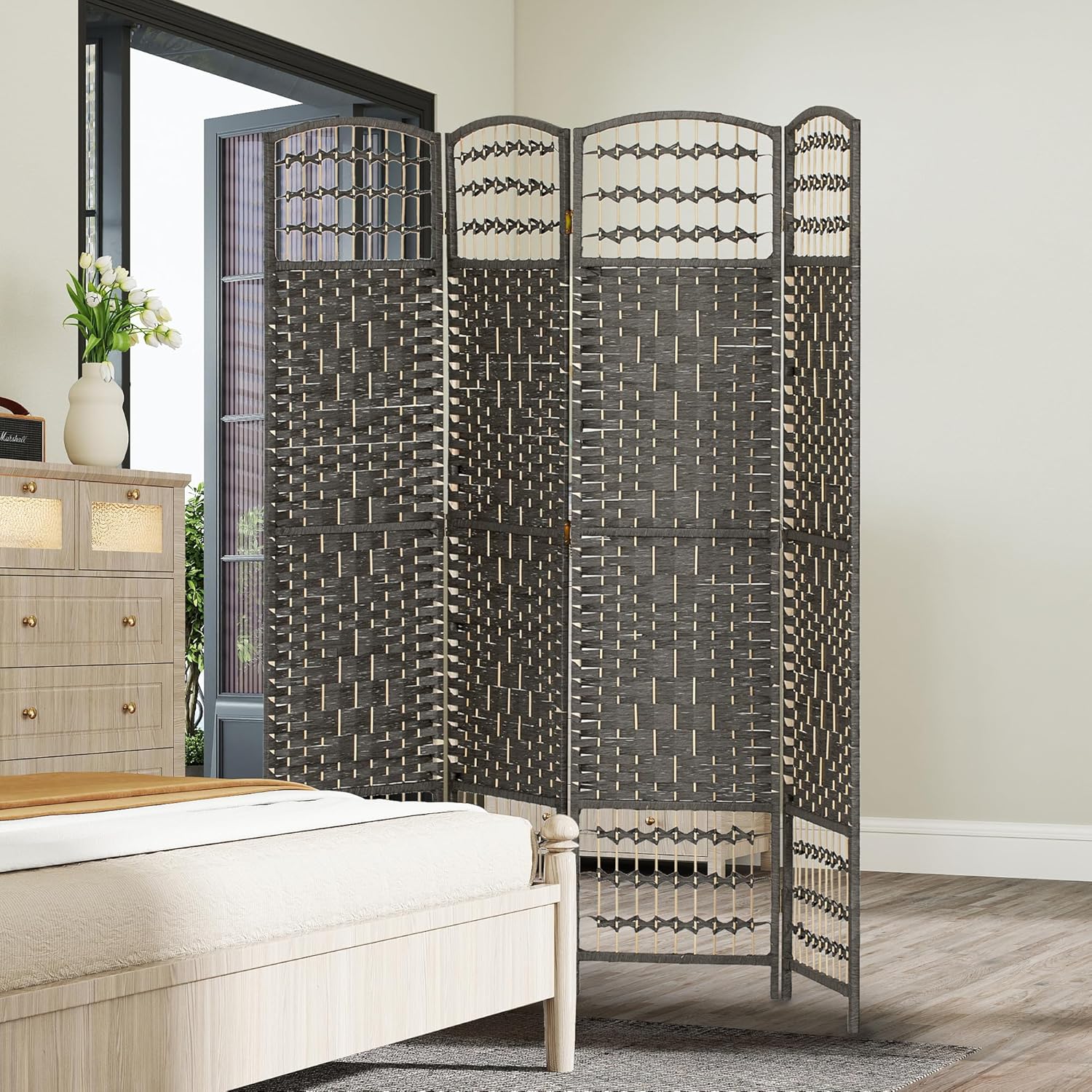 HOMCOM 4 Panel Room Divider, Folding Privacy Screen, 5.6' Room Separator, Wave Fiber Freestanding Partition Wall Divider, Dark Gray