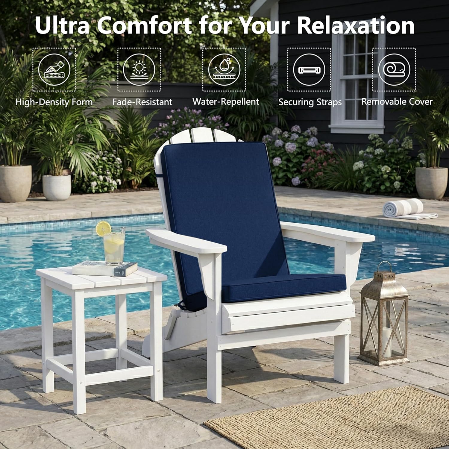 Adirondack Chair Cushion - Removable Cover, Water-Repellent & Fade-Resistant Faux Linen, Securing Straps, Non-Slip Bottom, Fit for Most Outdoor Adirondack & Rocking Chairs - Navy