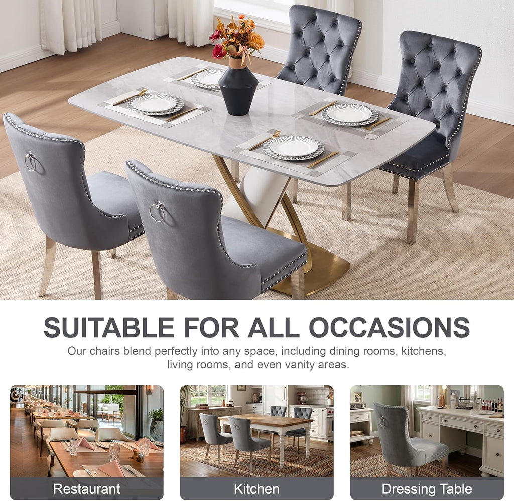 Velvet Dining Chairs Set of 4, Upholstered Dining Room Chairs with Tufted Back & Pull Ring, Modern Kitchen and Dining Chairs, Accent Chairs with Metal Legs (Dark Gray + Silver, Set of 4)