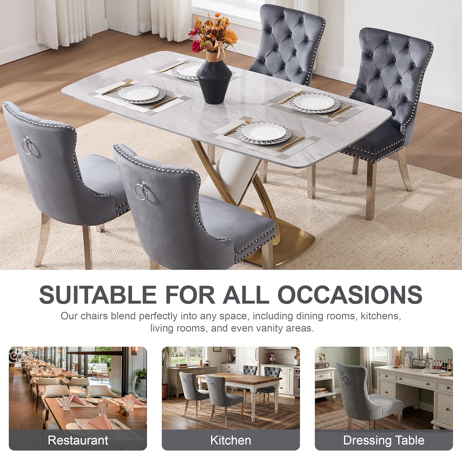 Velvet Dining Chairs Set of 4, Upholstered Dining Room Chairs with Tufted Back & Pull Ring, Modern Kitchen and Dining Chairs, Accent Chairs with Metal Legs (Dark Gray + Silver, Set of 4)