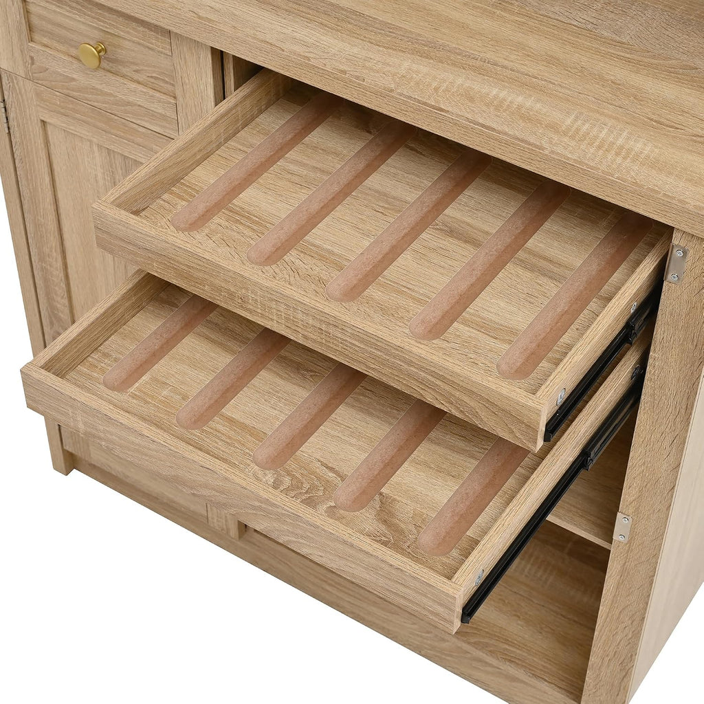 Farmhouse Freestanding Buffet with Hutch, Tall Kitchen Pantry with Wine Rack and Adjustable Shelves,for Dining Room (Natural-W)