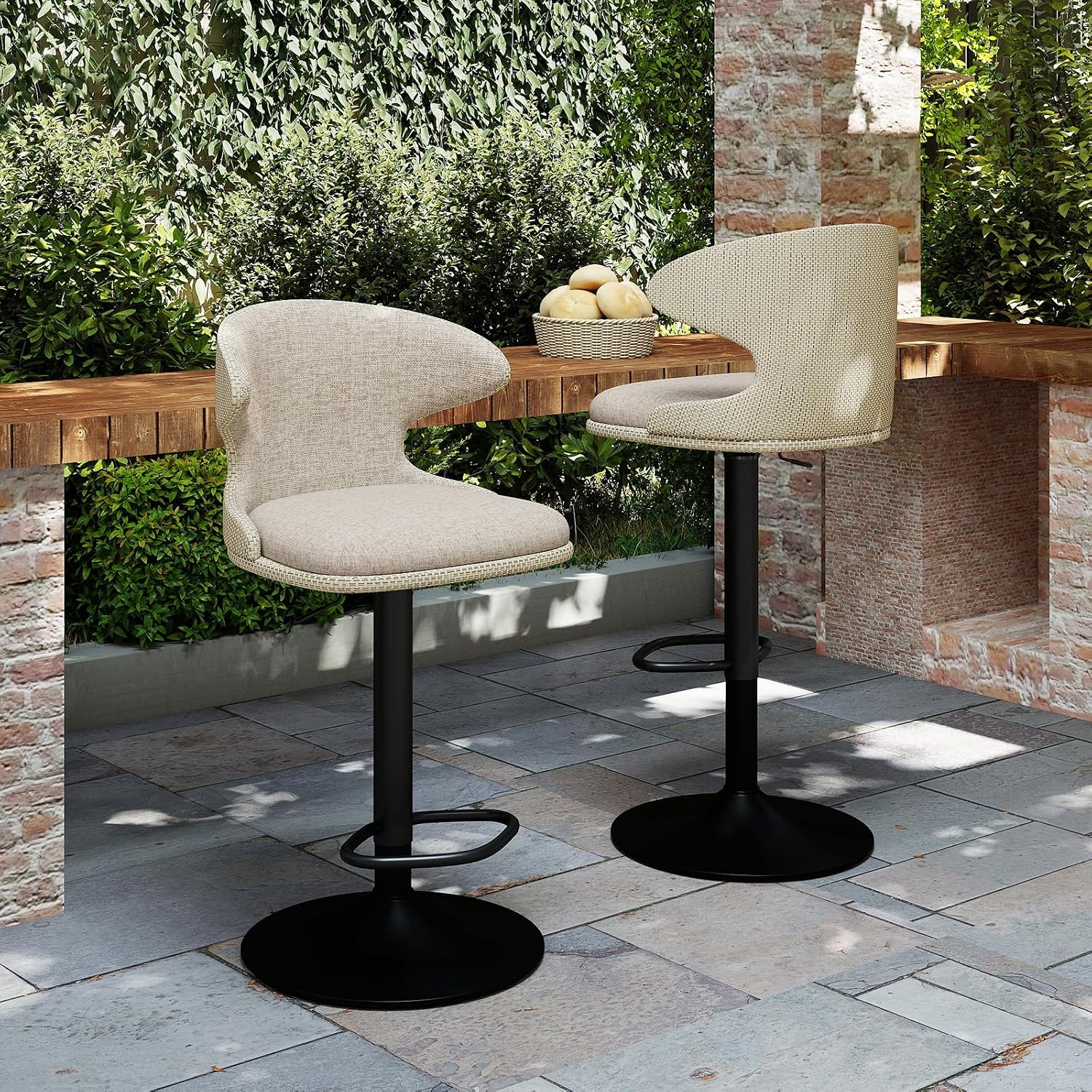 Furnimart Outdoor Bar Stools Set of 2, 360° Swivel Patio Bar Chairs with Adjustable Height & Waterproof Cover, PU Seat & Textilene Mesh Back, Counter & Bar Height Stools for Backyard, Balcony, Beige