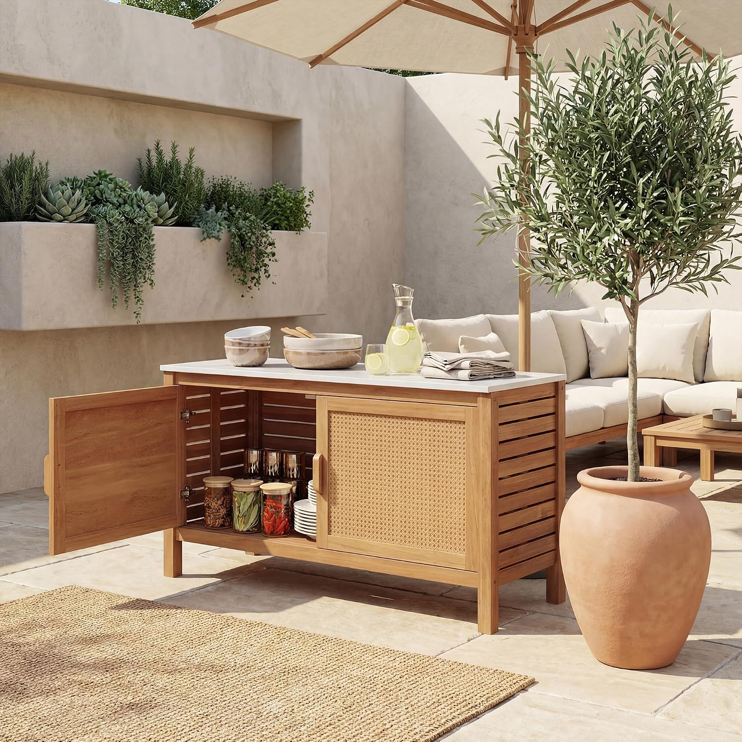 Giantex Acacia Wood Outdoor Cabinet, Storage Cabinet w/Faux Marble Top, Rattan Doors, Interior Shelves & Compartment, Buffet Cabinet, Functional Potting Table for Garden, Patio, Backyard