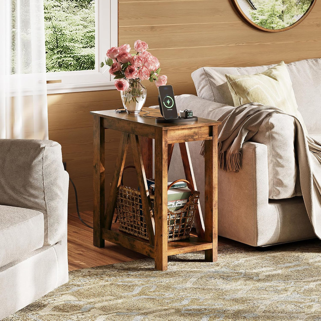 WLIVE Farmhouse End Table, Narrow Side Table with Charging Station, Slim End Table, Side Table for Bedroom, Living Room, Small Spaces, 2 USB and 2 Power Outlets, Rustic Brown