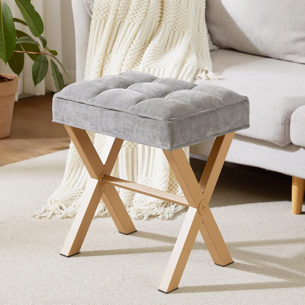 Royal Windsor Vanity Stool,Square Ottoman Stool Foot Rest,Upholstered Vanity Chair Foot Stool with Metal X Legs, Small Vanity seat for Entryway,Bedroom and Living Room,Light Grey+Yellow