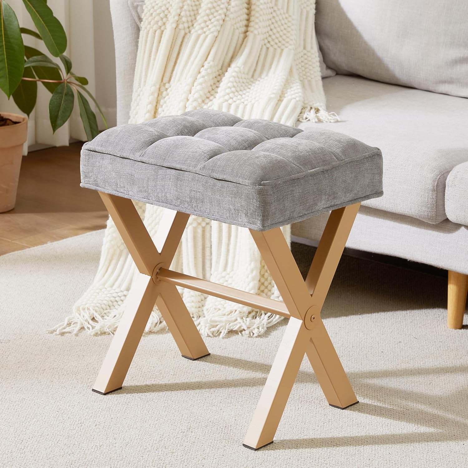 Royal Windsor Vanity Stool,Square Ottoman Stool Foot Rest,Upholstered Vanity Chair Foot Stool with Metal X Legs, Small Vanity seat for Entryway,Bedroom and Living Room,Light Grey+Yellow
